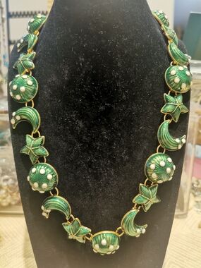 Vintage Guilloche Green Celestial Enamel Necklace